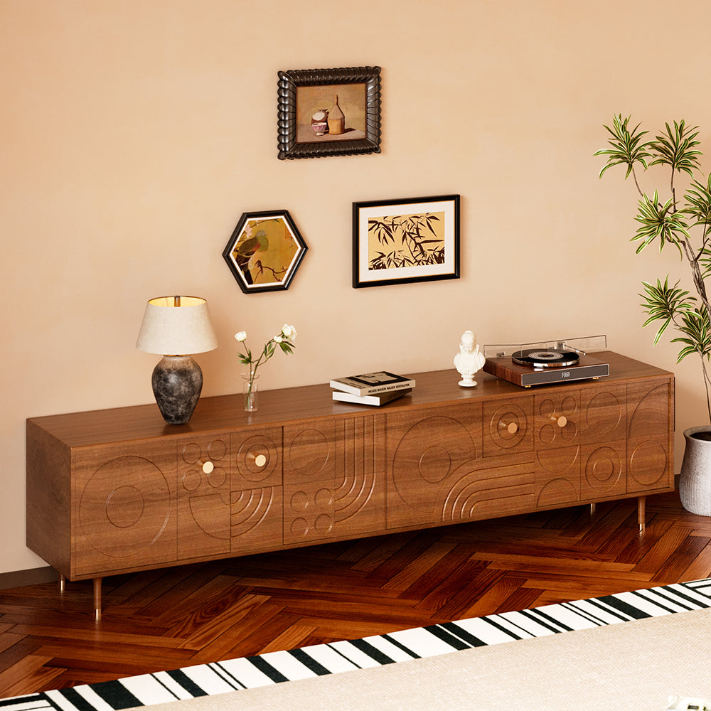 78" Retro TV Stand Carved Geometric Pattern Solid Wood Cabinet Brass-Tipped Legs