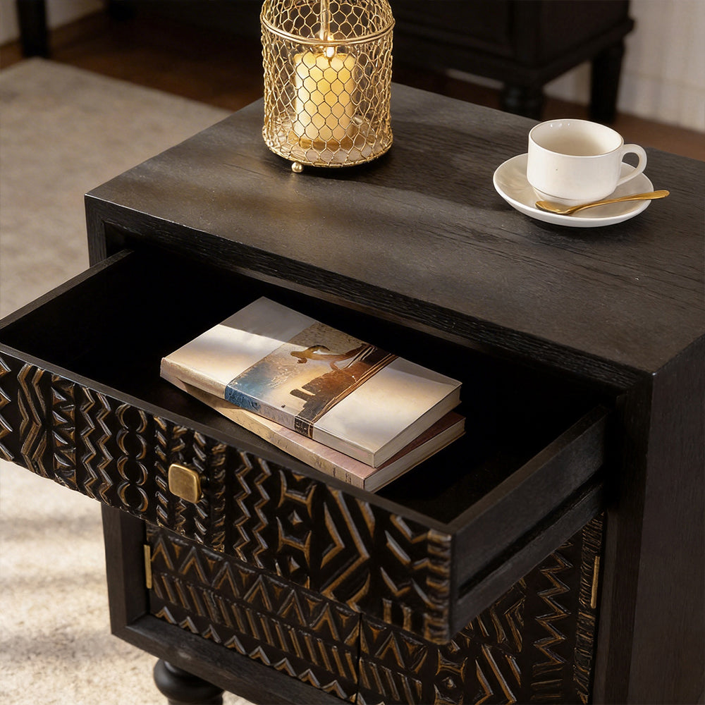 Modern Black Nightstand Wood Bedside Table Carved Door Storage Cabinet with Gold Handles