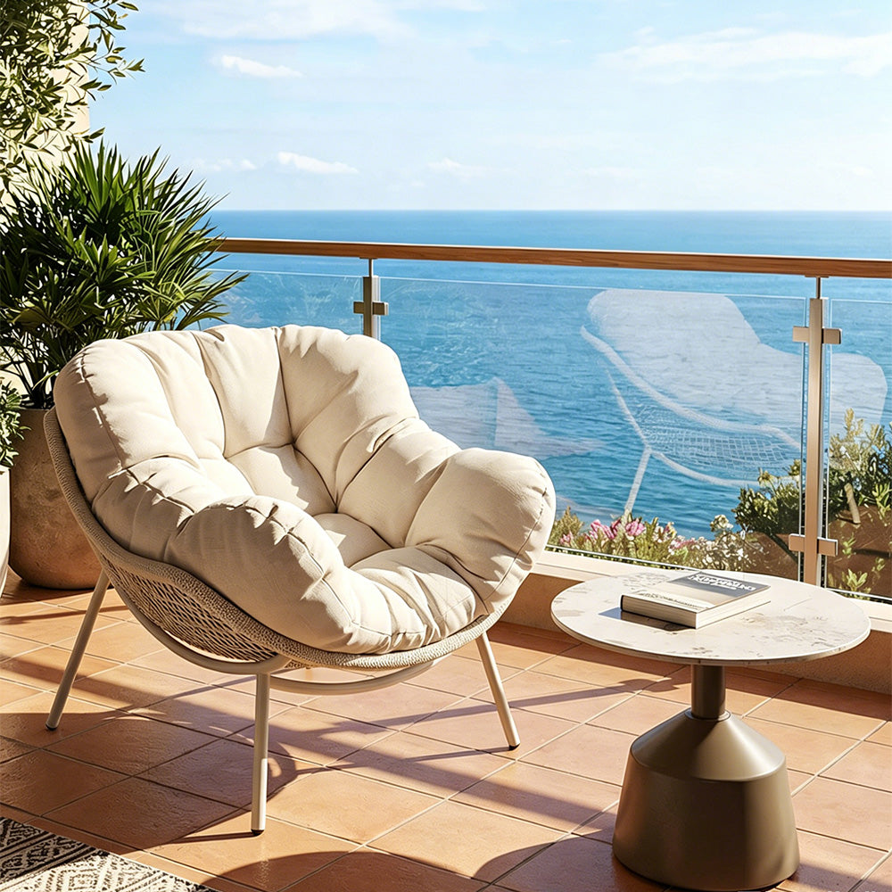 Outdoor Papasan Lounge Chair with Plush Cushion and Rope Weave Frame