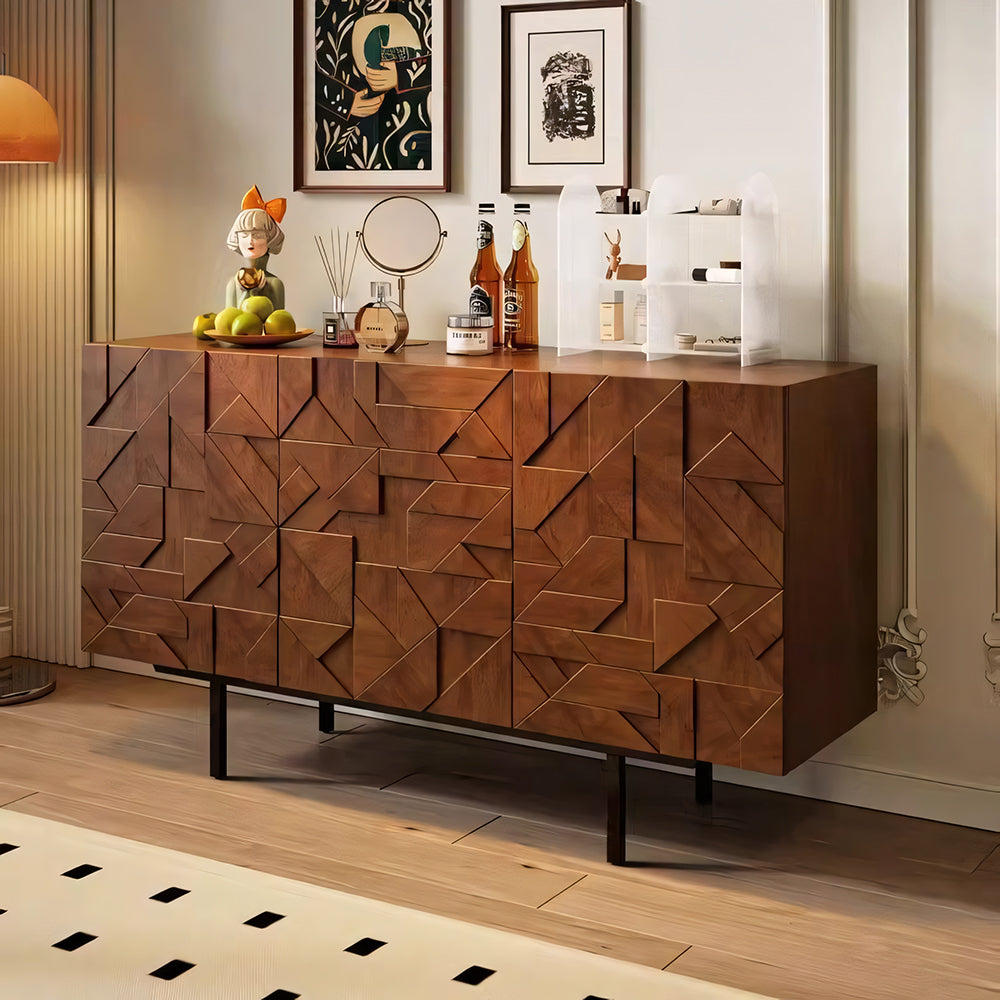 55.1"/70.8"Modern Walnut Sideboard Geometric Storage Cabinet with Metal Legs