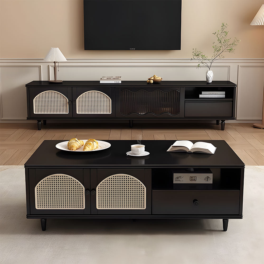 TV Stand & Coffee Table Set with Cane Drawers Mid-Century Modern Style Spacious Storage Elegant Design