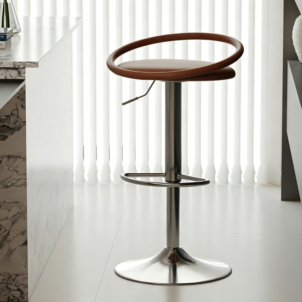 Modern Swivel Adjustable Bar Stool Set of 2 Brown Upholstered Seats Stainless Steel Base