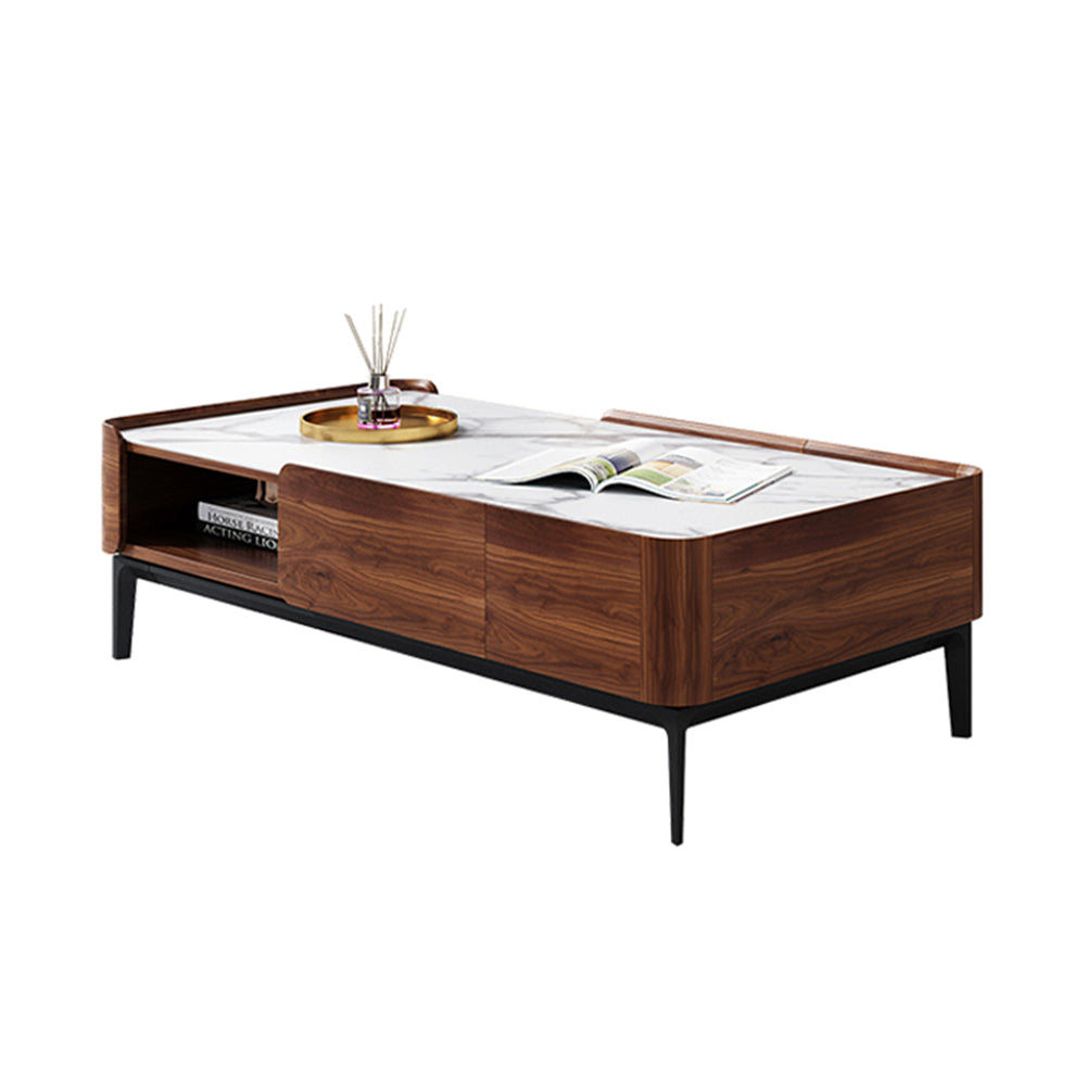 50''Modern Rectangular Coffee Table with Drawers | White Marble Top + Walnut Finish + Hidden Storage
