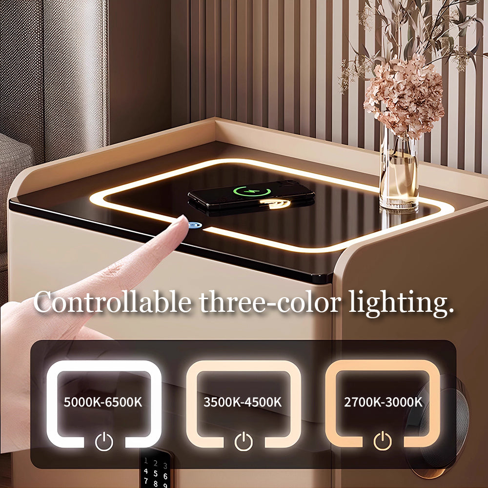 Smart Leather Nightstand with LED Ambience Light Wireless Charging Bluetooth Speaker and Digital Password Lock