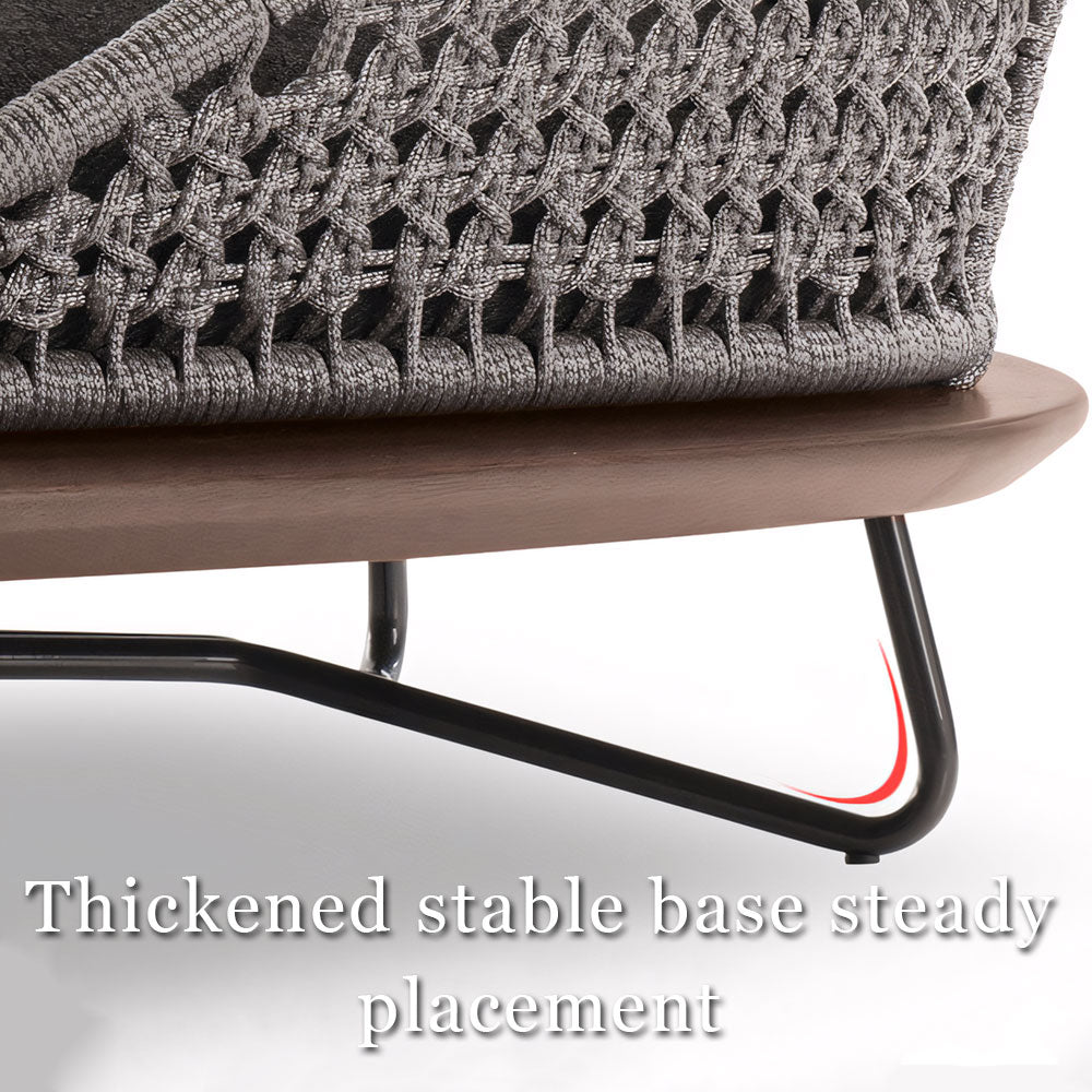 Modern Outdoor Lounge Chair with Handwoven Rope Backrest and Solid Wood Base