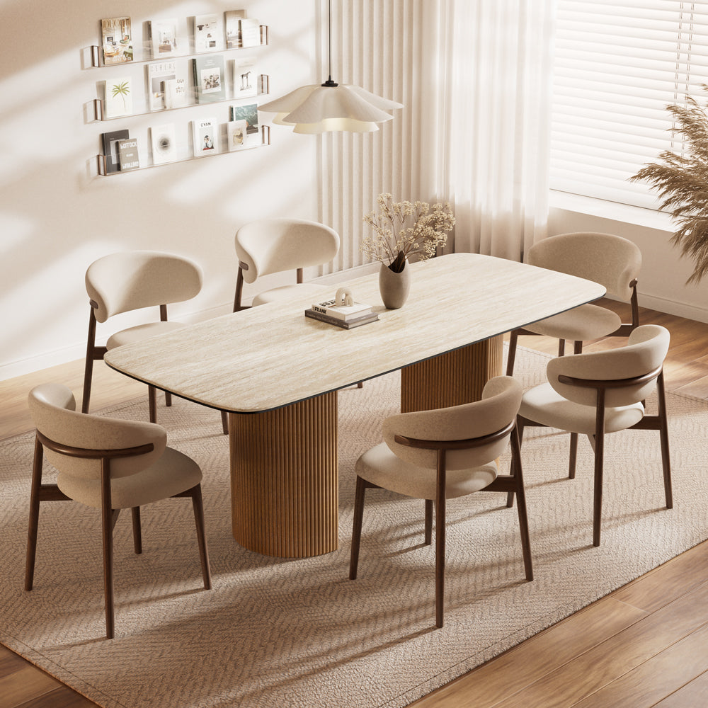 Square Dining Table White Ceramic Top Semi-cylindrical Wooden Base for 6 People