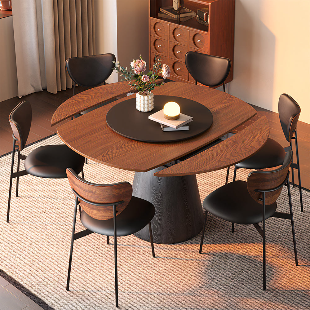 59" Modern Round Dining Table with Rotating Lazy Susan Walnut Veneer Top Pedestal Base Dining Table