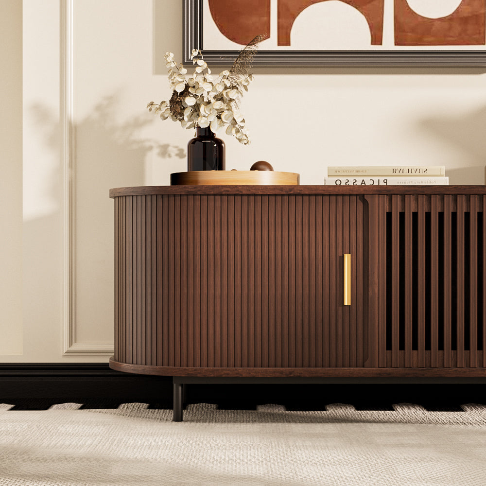 70.2'' Walnut Curved TV Stand Vertical Textured Design with Metal Handles