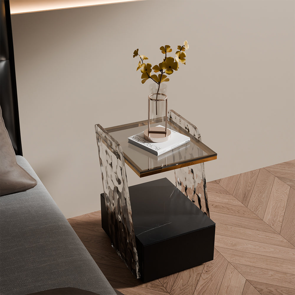 Modern Sculptural Nightstand Bedside Table with Scratch Resistant Leather & Smart Sensor Lighting