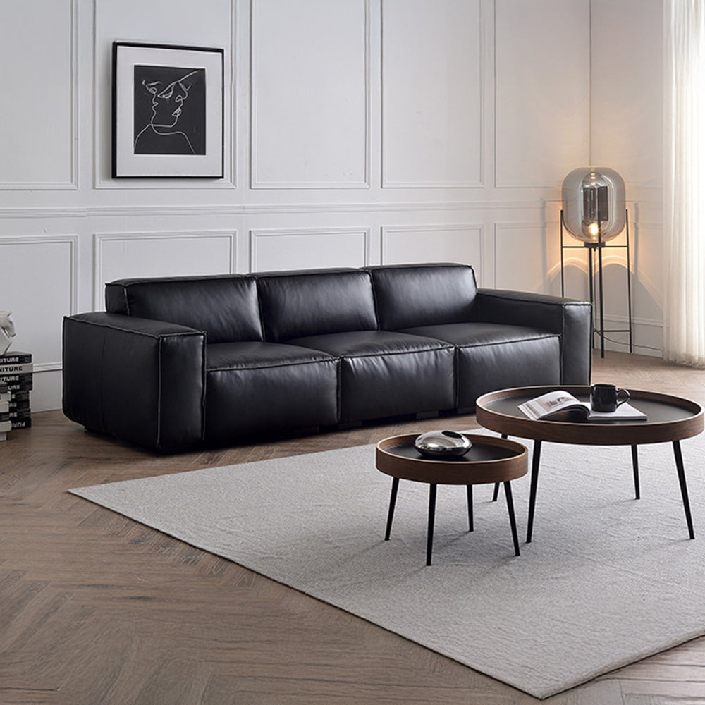 Modern Leather Sofa Boxy Low-Profile Design with Wide Arms