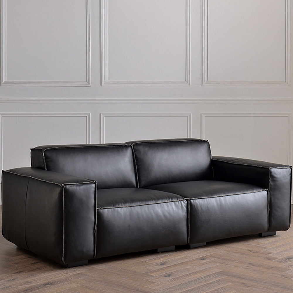 Modern Leather Sofa Boxy Low-Profile Design with Wide Arms