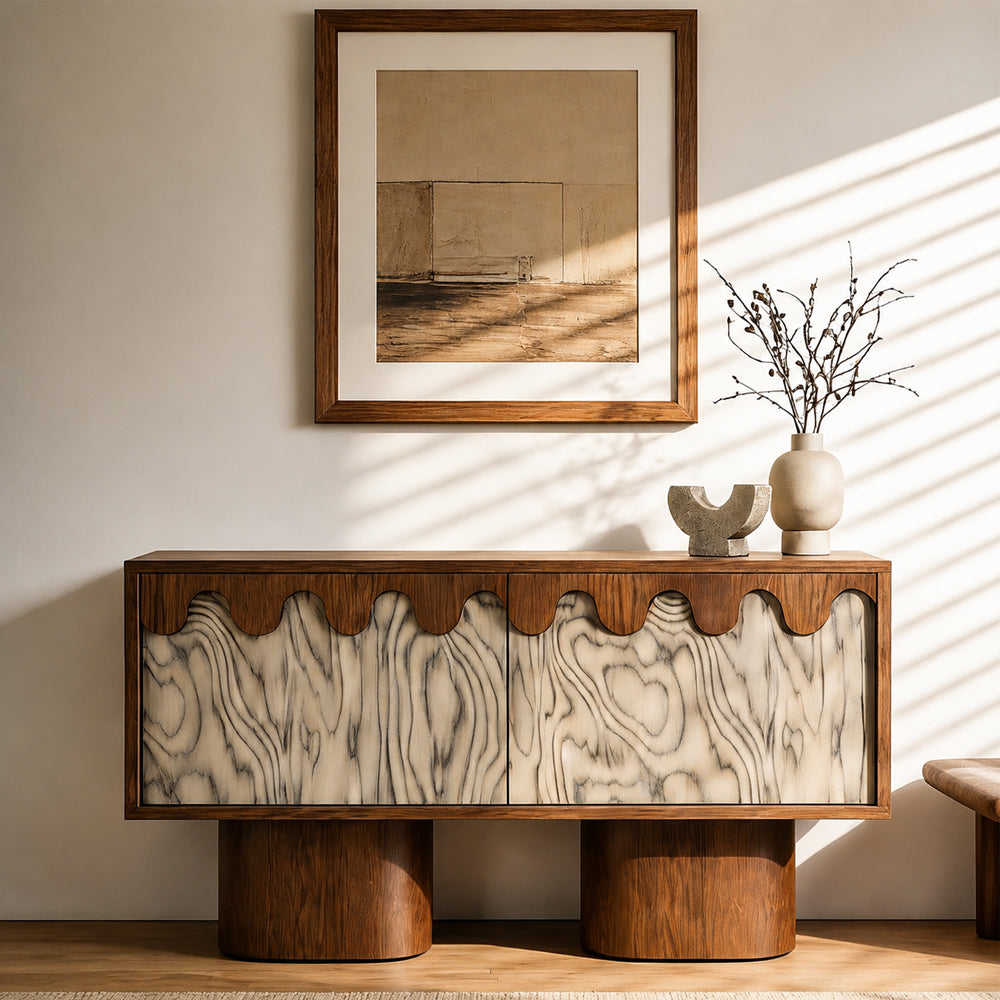 55.1'' Wabi-Sabi Walnut TV Stand with Scalloped Doors Mid Century Modern Media Console