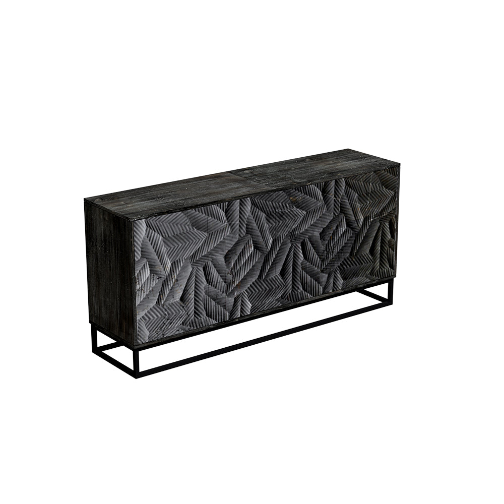 62.4''Vintage Carved Sideboard Mid Century Storage Cabinet Geometric Texture Bold Relief Artistic Statement