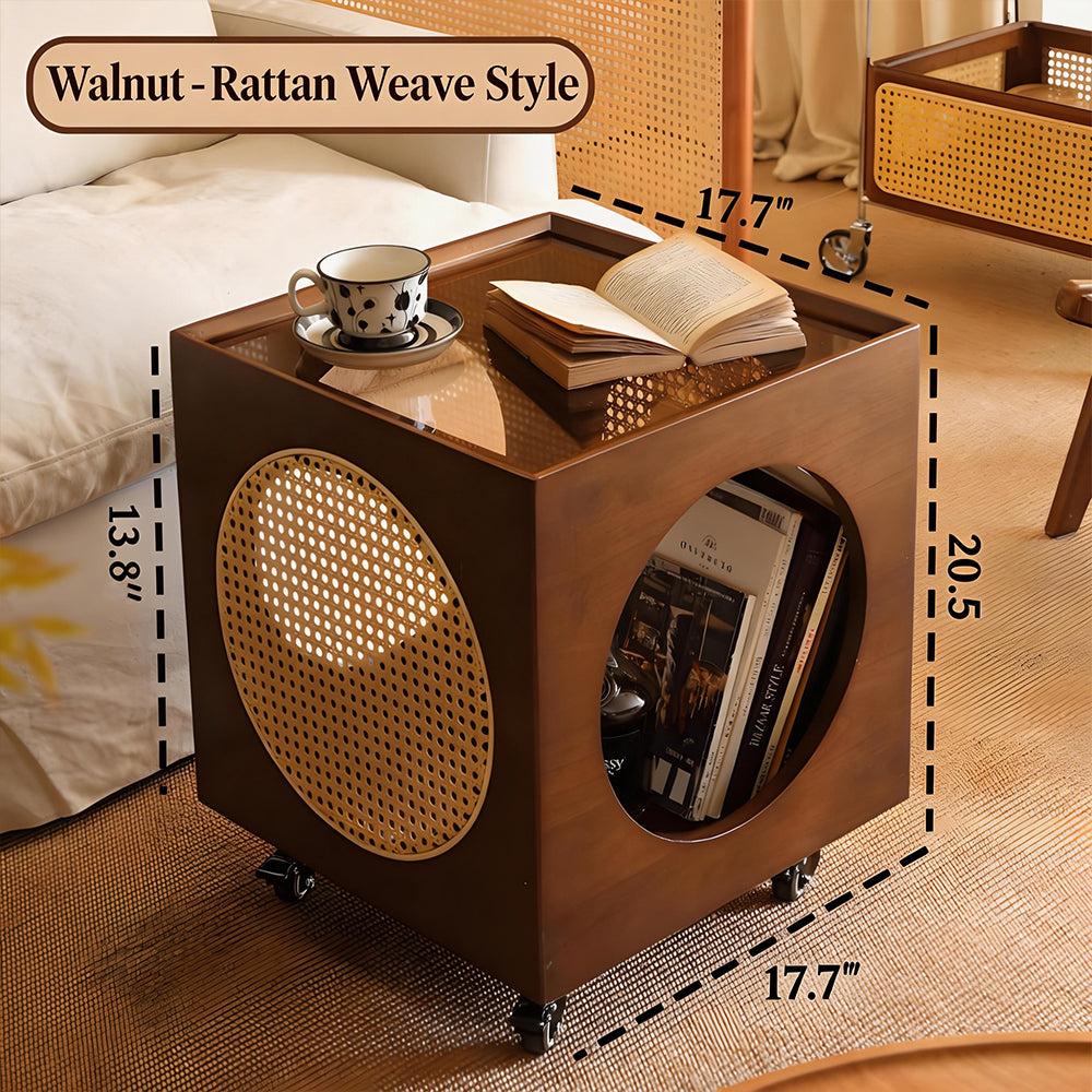 Modern Rattan Nightstand Rolling Side Table Solid Wood Mobile Bedside Cabinet with Storage
