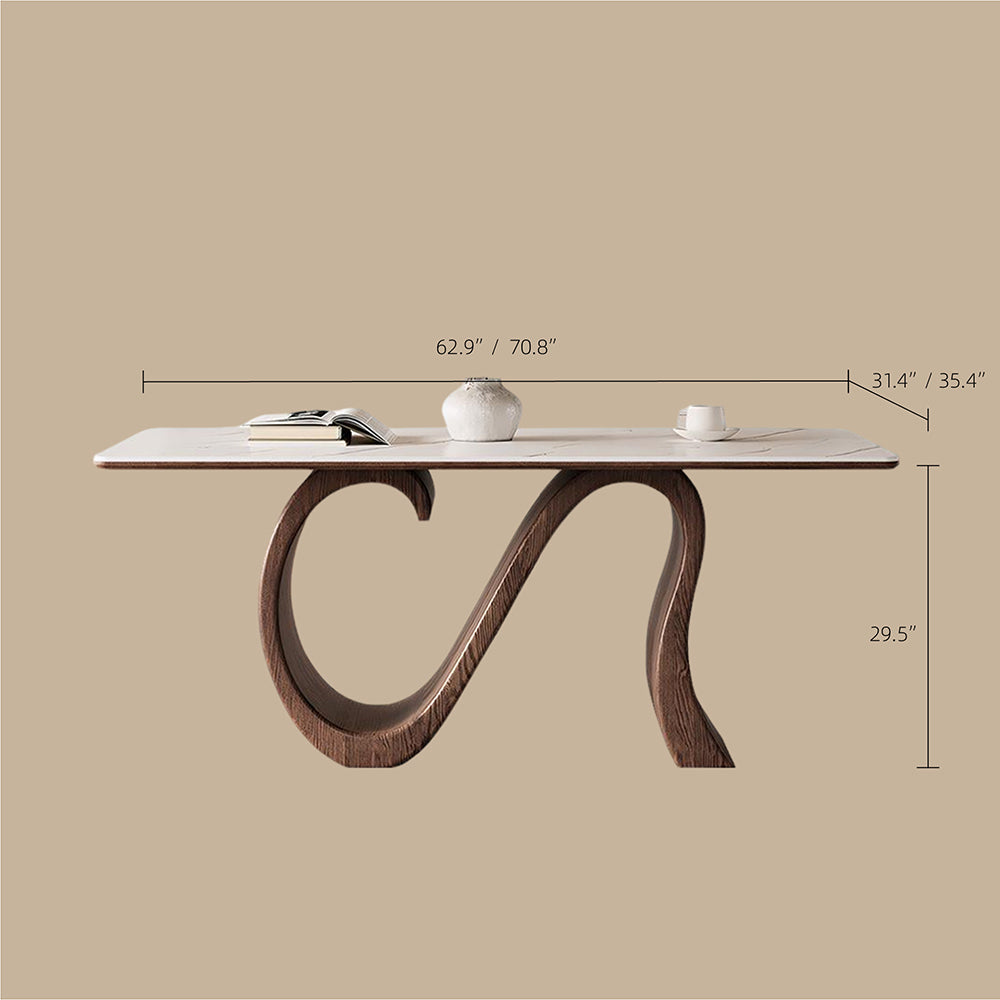 Creative S-shaped Walnut Base Round Dining Table with Marble Effect Surface