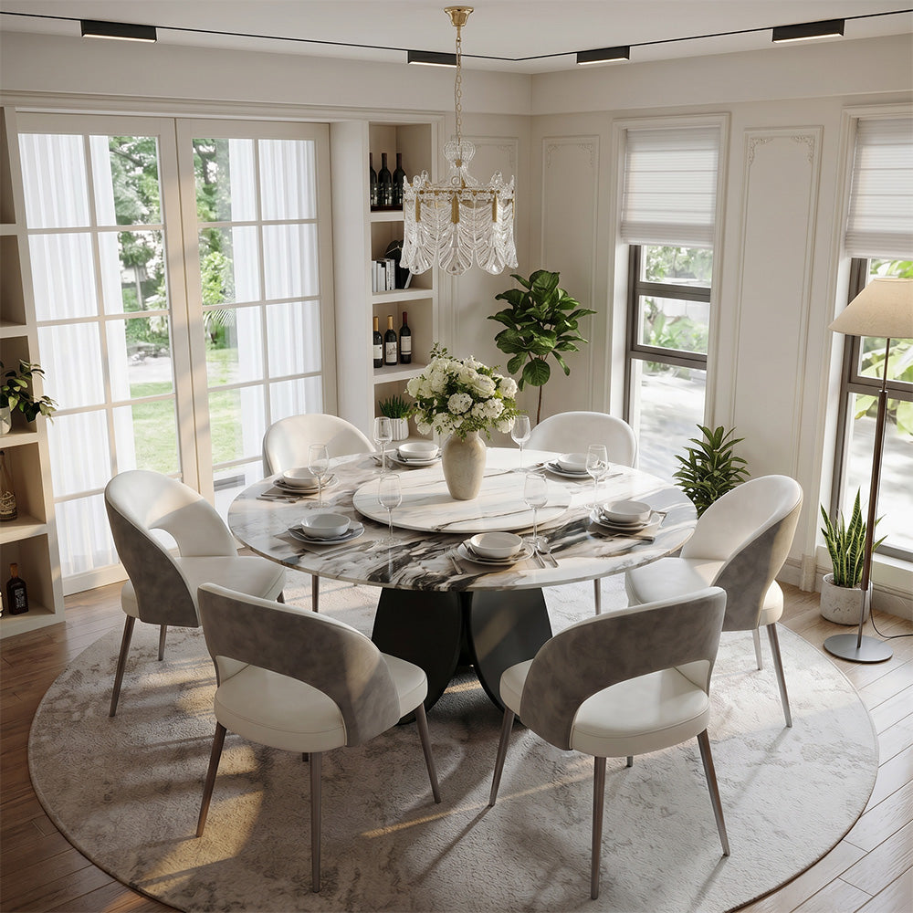 Modern Round Dining Table with Rotating Lazy Susan and Black Pedestal Base