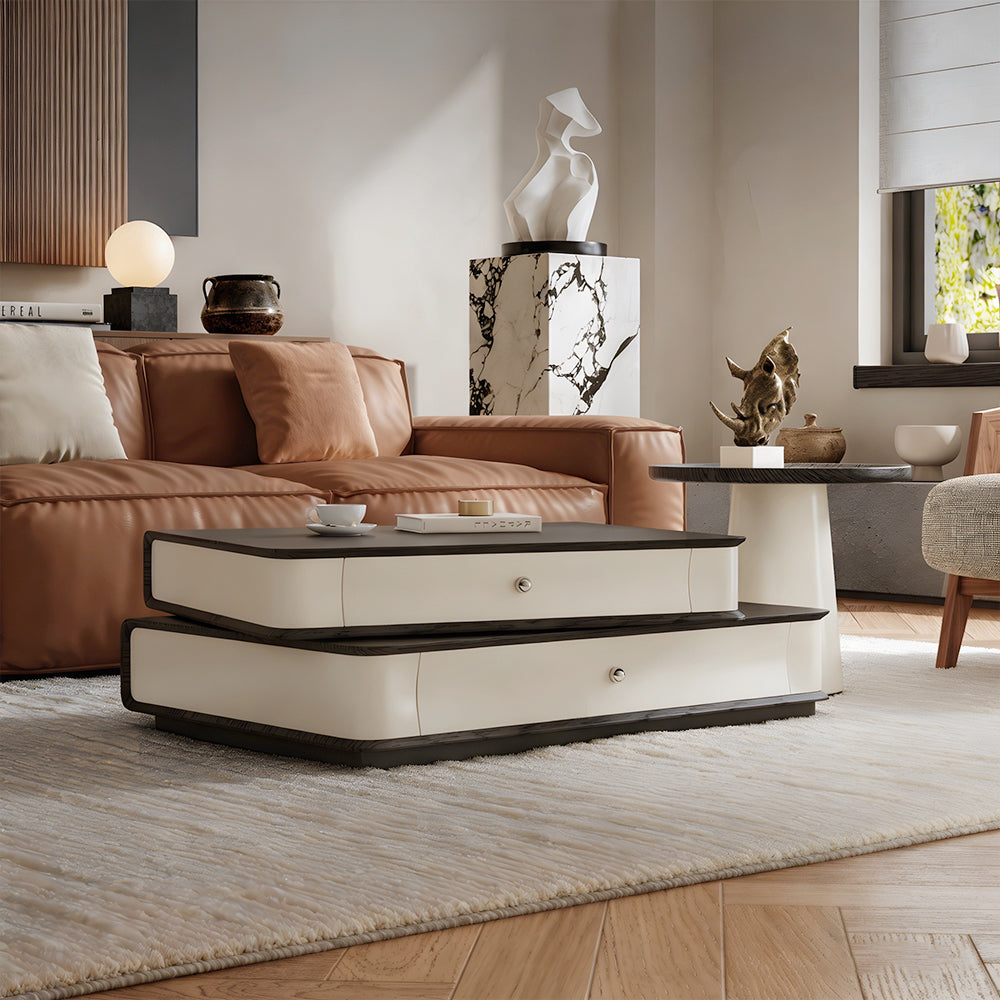 Modern Layered Coffee Table Set with Drawer Storage and Side Table Black Wood Grain Top Minimalist Design