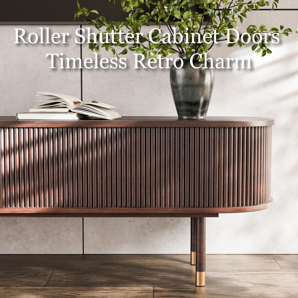 70.8" Modern Solid Wood TV Stand with Fluted Doors Minimalist Media Console with Rounded Corners & Gold Accents