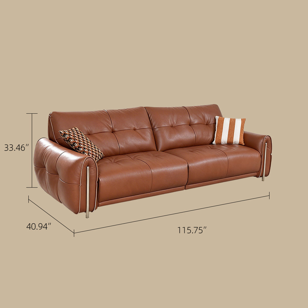 Modern Genuine Leather Sofa Warm Brown Upholstered Couch Three Seater Living Room Sofa with Wide Seat and Clean Lines