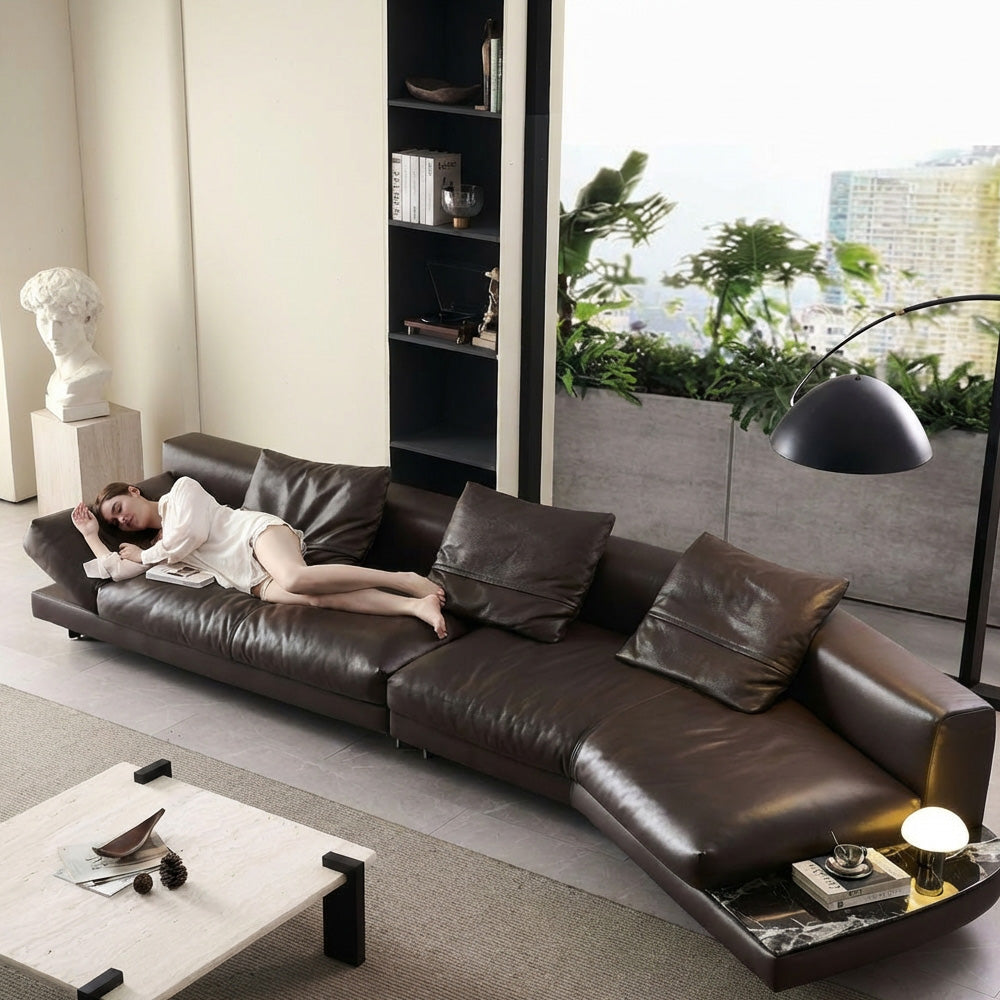 Modern Low-Profile Leather Sofa Deep Brown Upholstery with Wide Armrests & Metal Legs