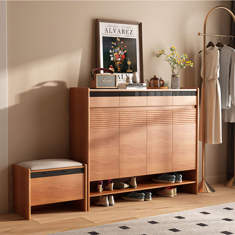 Modern Wood Shoe Cabinet with Doors Natural Entryway Storage Organizer with Open Shelf