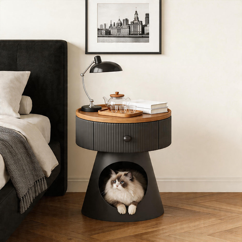 Modern Round Nightstand with Hidden Storage Drawer and Cat House Base Wooden Top Fluted Design Bedside Table