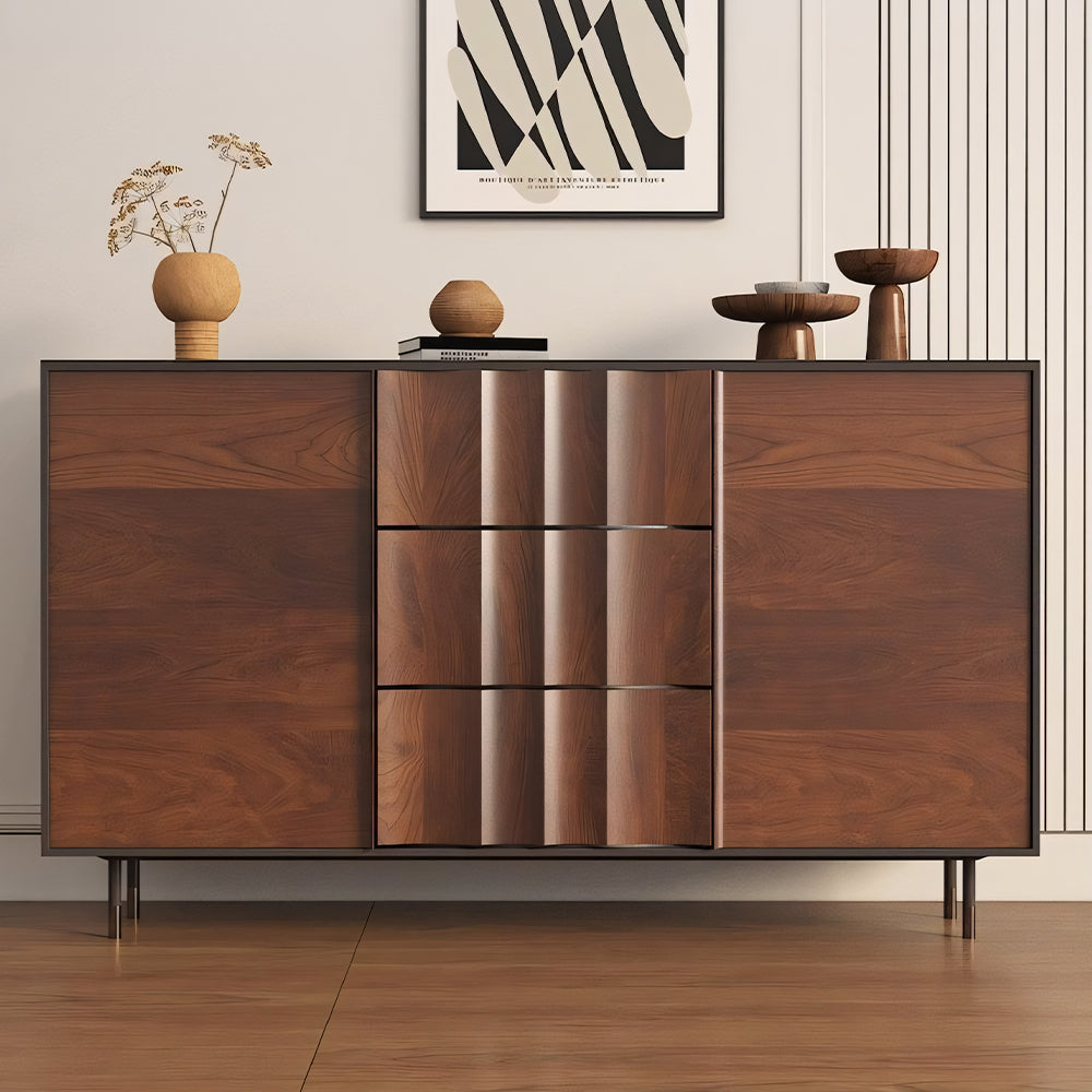 62.9'' Modern Walnut Sideboard Fluted Wood Storage Cabinet with Metal Frame and Doors