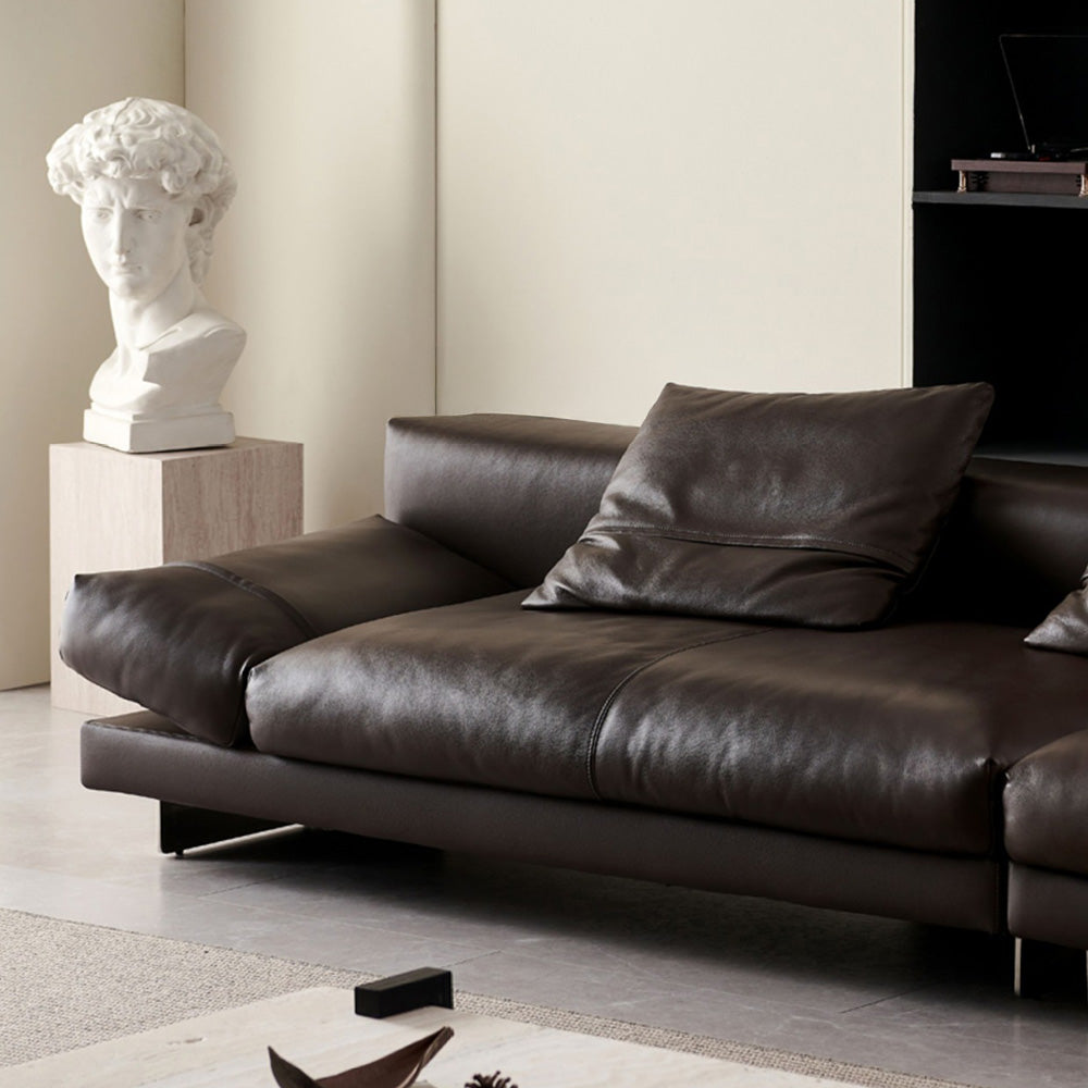Modern Low-Profile Leather Sofa Deep Brown Upholstery with Wide Armrests & Metal Legs