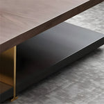 Load image into Gallery viewer, 35.1″ Square Coffee Table with Dual-Tone Wood and Stone Base Modern Minimalist Design with Gold Metal Accents
