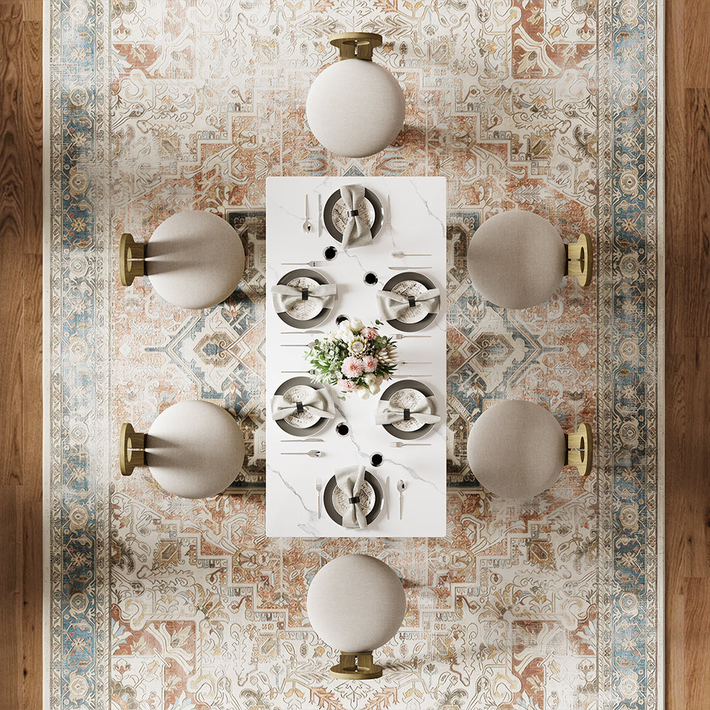 Modern Sculptural Dining Table with Marble-Effect Top & Artistic Wooden Base