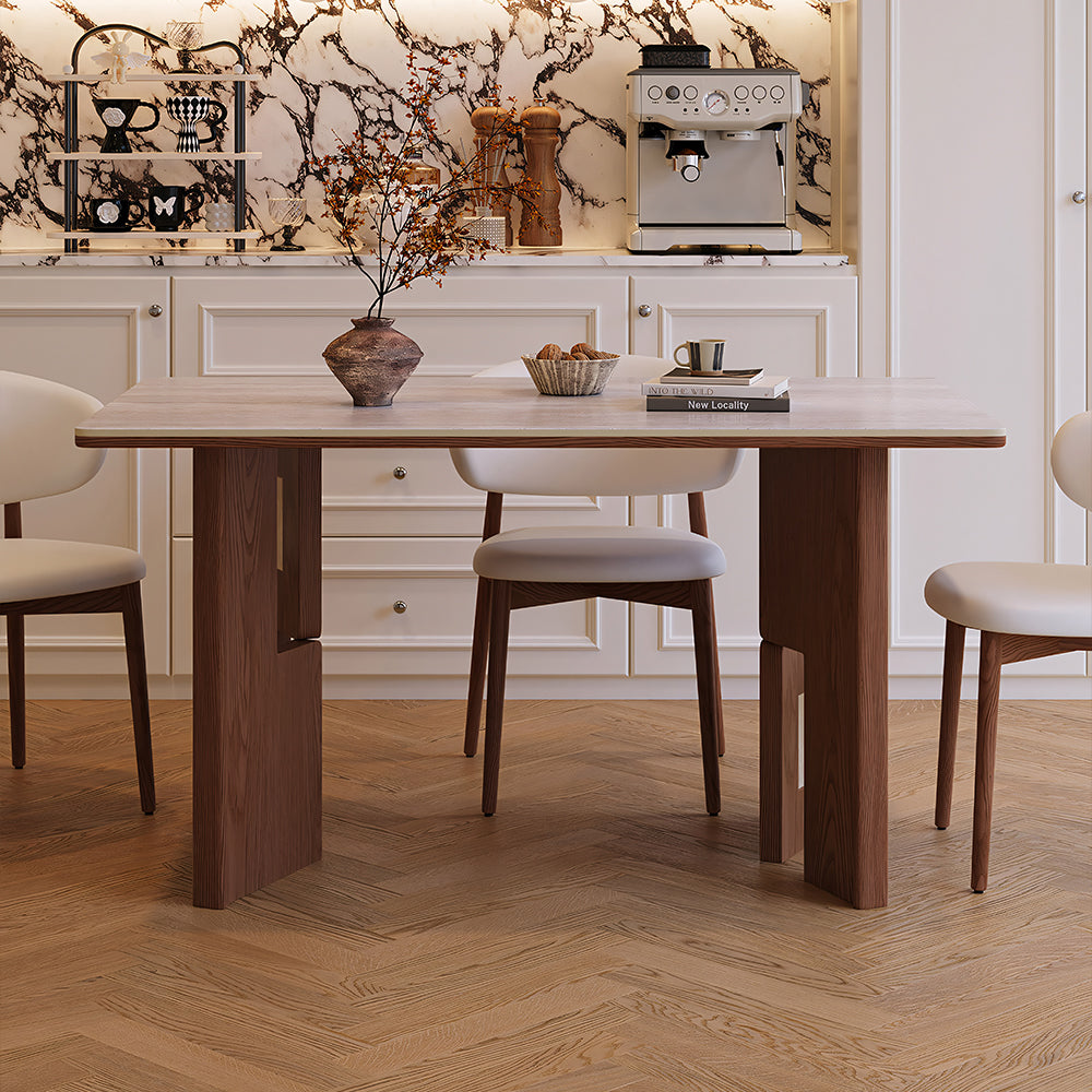 Mid Century Sintered Stone Top Dining Table With Geometric Wooden Legs