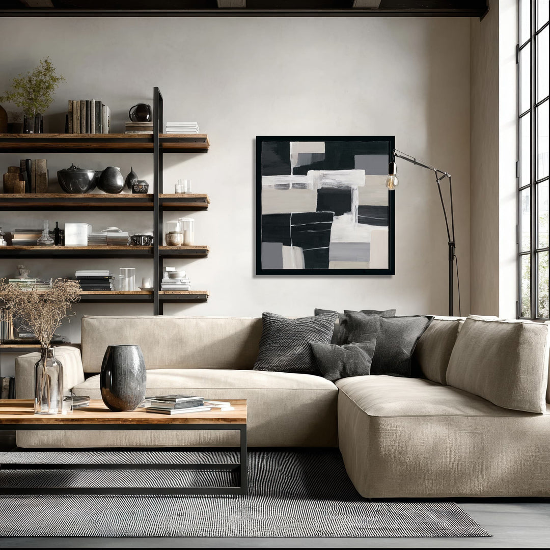 Original hand-painted piece in black, white, grey, and beige, minimalist style that fits any interior.