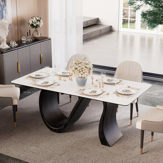 Modern Luxury Dining Set S-Shaped Walnut Base Marble-Effect Table × Gray & Gold Sideboard