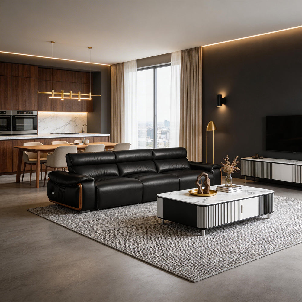 123.2'' Modern Power Reclining Leather Sofa Remote Control Adjustable Deep Seat Lounge Couch