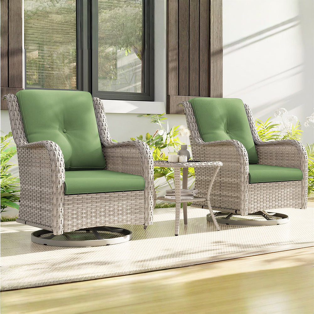 Outdoor Swivel Wicker Lounge Chair Set with Cushions and Matching Side Table