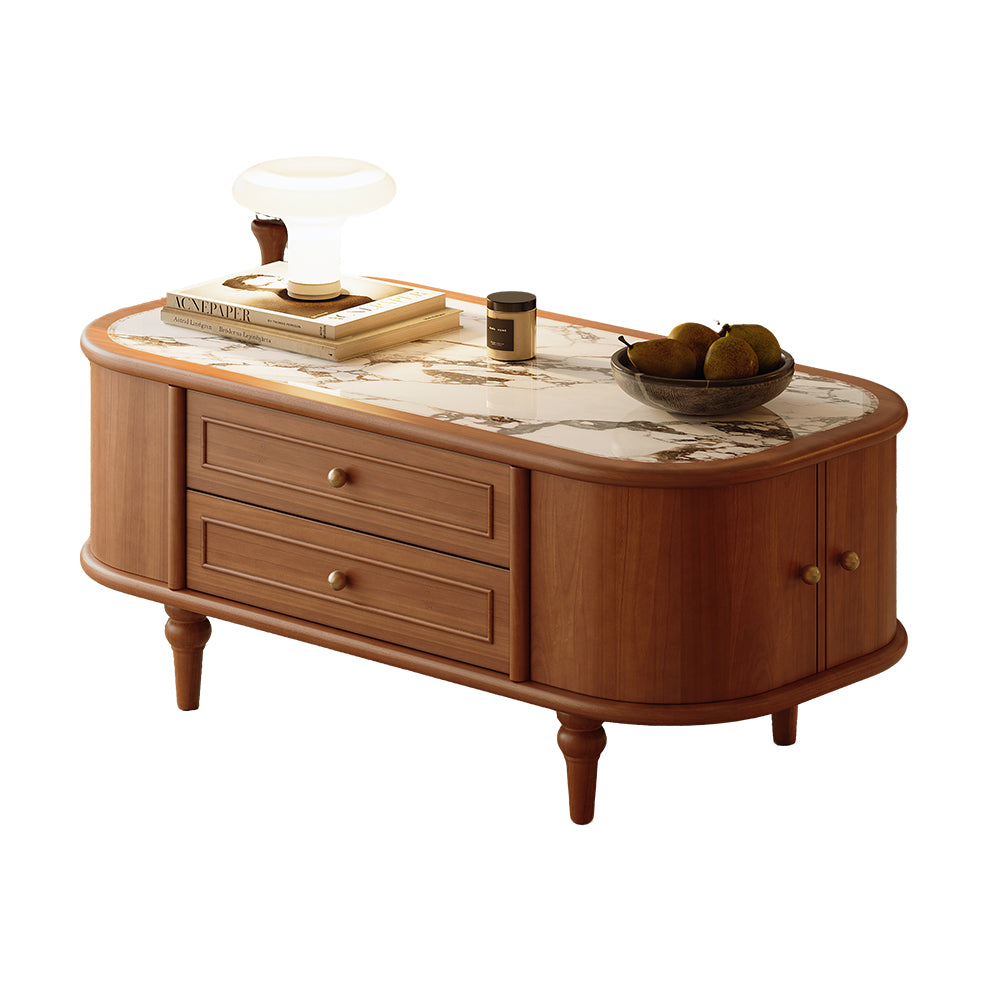 46'' Walnut Round Edge Coffee Table with Drawers Curved Cabinet Doors & Sintered Stone Top