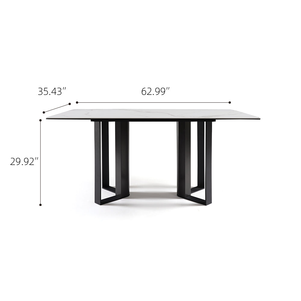 Modern Rectangular Dining Table with Marble-Look Top and Black Metal Base