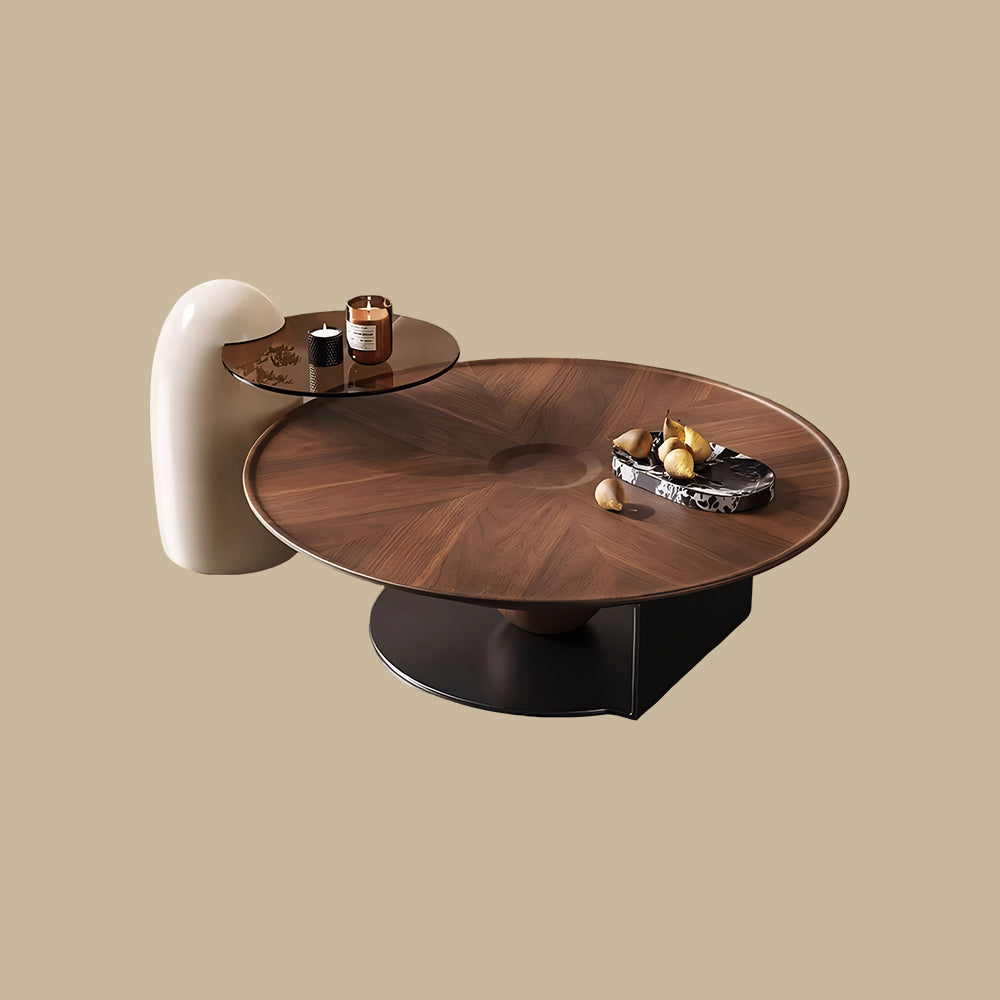 Modern Round Coffee Table with Glass Side Table Walnut Finish Center Table with Sculptural Base