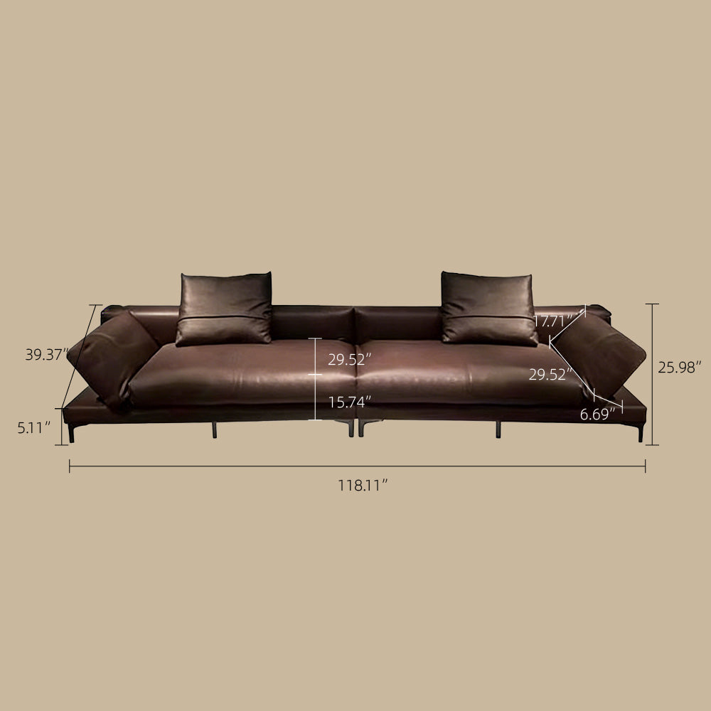 Modern Low-Profile Leather Sofa Deep Brown Upholstery with Wide Armrests & Metal Legs