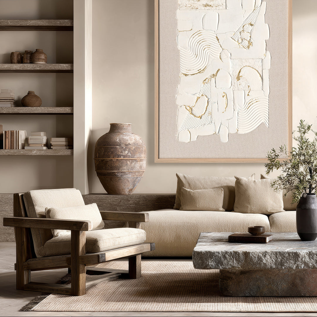 Wabi-sabi handmade series, textured layers with golden accents, creating serene natural elegance.
