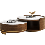 Load image into Gallery viewer, 31.5&quot; Round Nesting Coffee Table Set with Drawer Marble Texture Top Walnut Minimalist Storage Design
