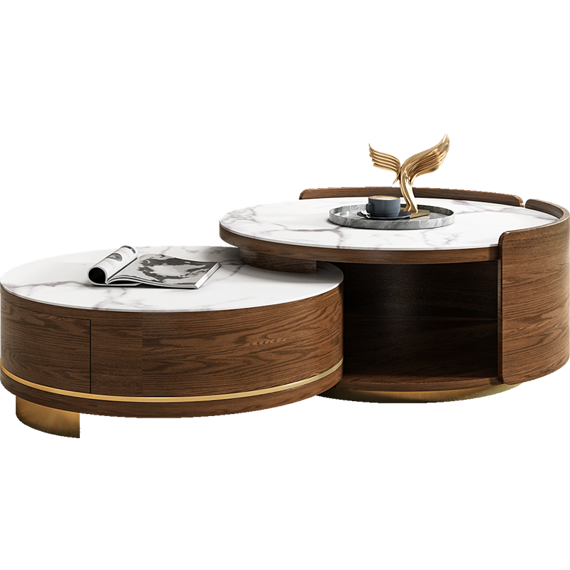 31.5" Round Nesting Coffee Table Set with Drawer Marble Texture Top Walnut Minimalist Storage Design