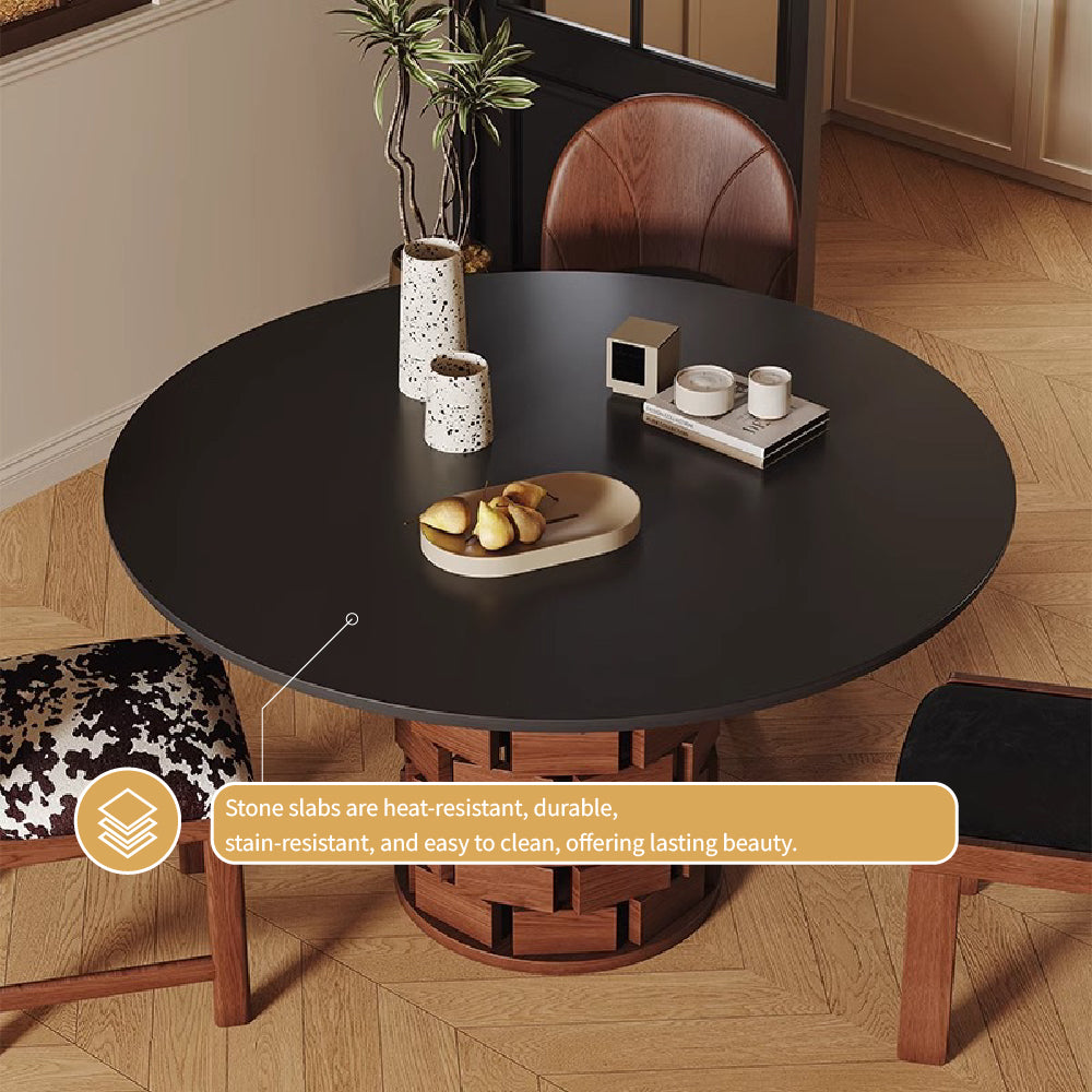Round Dining Table Solid Wood Base and Slate Top Elegant Dining Room Furniture