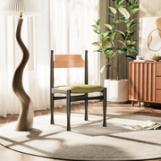 18.33''Mid Century Dining Chair Carved Wood Frame Green Fabric Seat Vintage Style