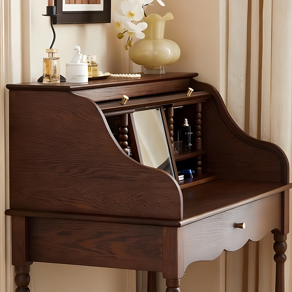 39.3'' Modern Vintage Roll Top Vanity Desk Solid Wood Makeup Table with Storage and Drawer