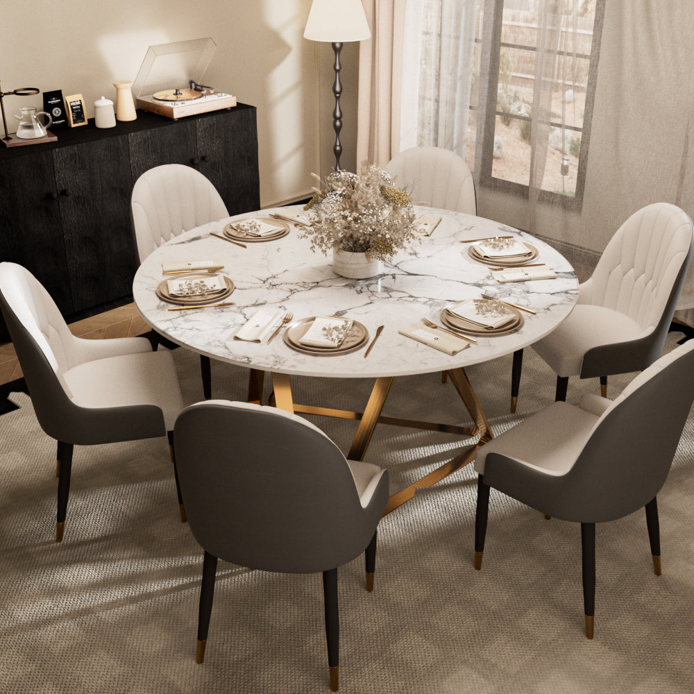 Round Marble Dining Table Modern Gold Metal Base with Lazy Susan