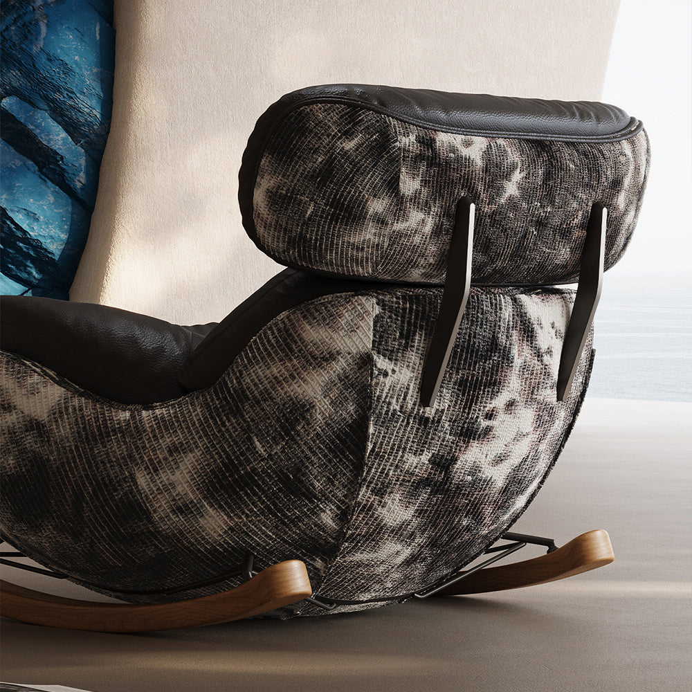 Modern Rocking Lounge Chair with Leather Cushion and Walnut Rocker Base