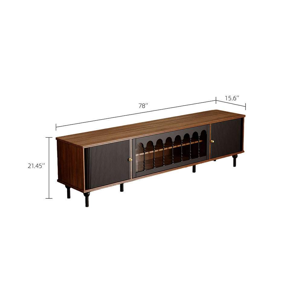 78.7'' Retro Metal TV Cabinet Arched Grille Doors Walnut Finish Elevated Base