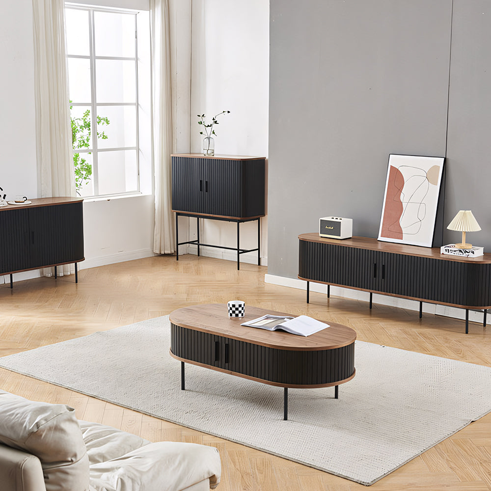 46.8'' Coffee Table Oval Shape Modern Design Walnut Black Accent Storage Compartment