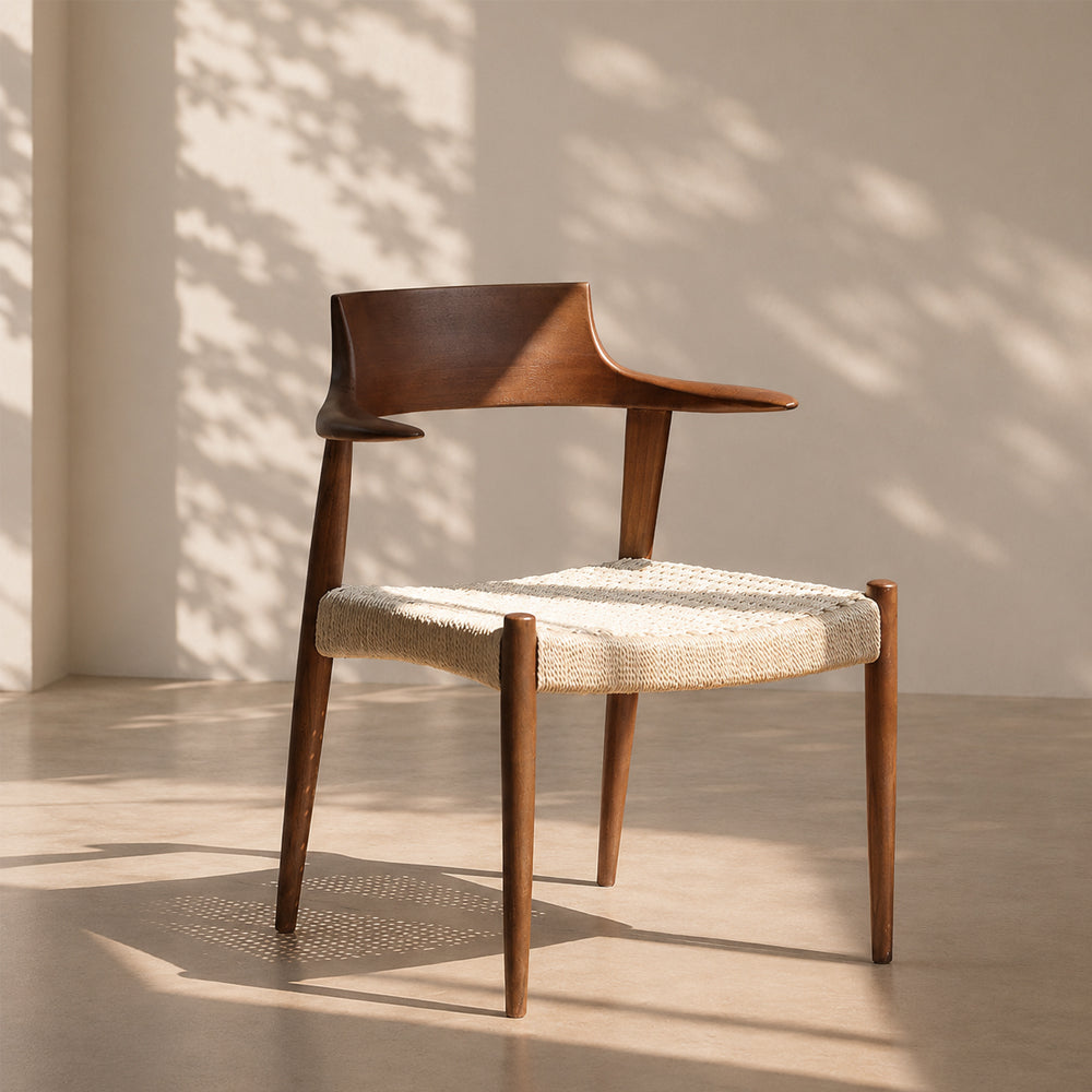 Modern Solid Wood Dining Chair with Handwoven Paper Rope Seat and Sculptural Armrests 1 Piece